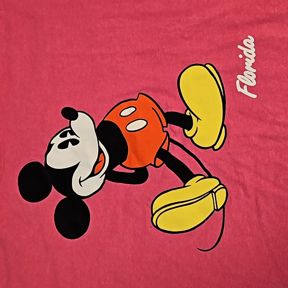 DISNEY Mickey Mouse Barbie pink graphic tee black raised felt Lg. Florida EUC